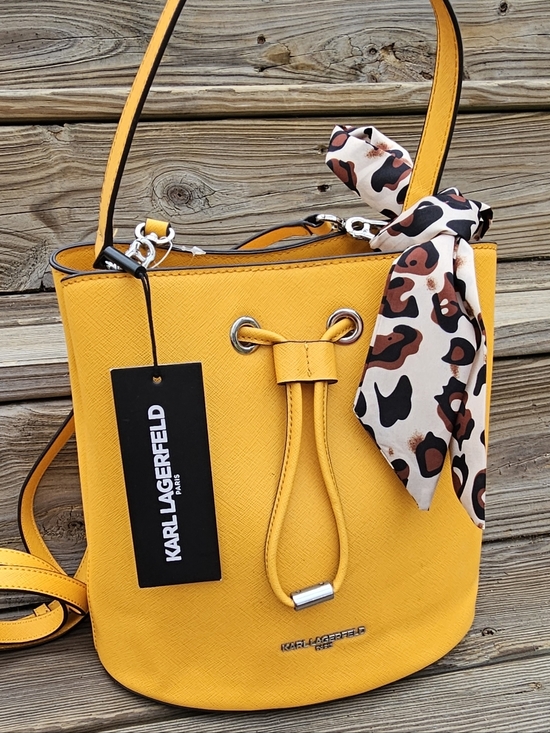 Karl Lagerfeld Handbags - Karl Lagerfeld Paris Adele Drawstring Bucket bag w/ Leopard scarf